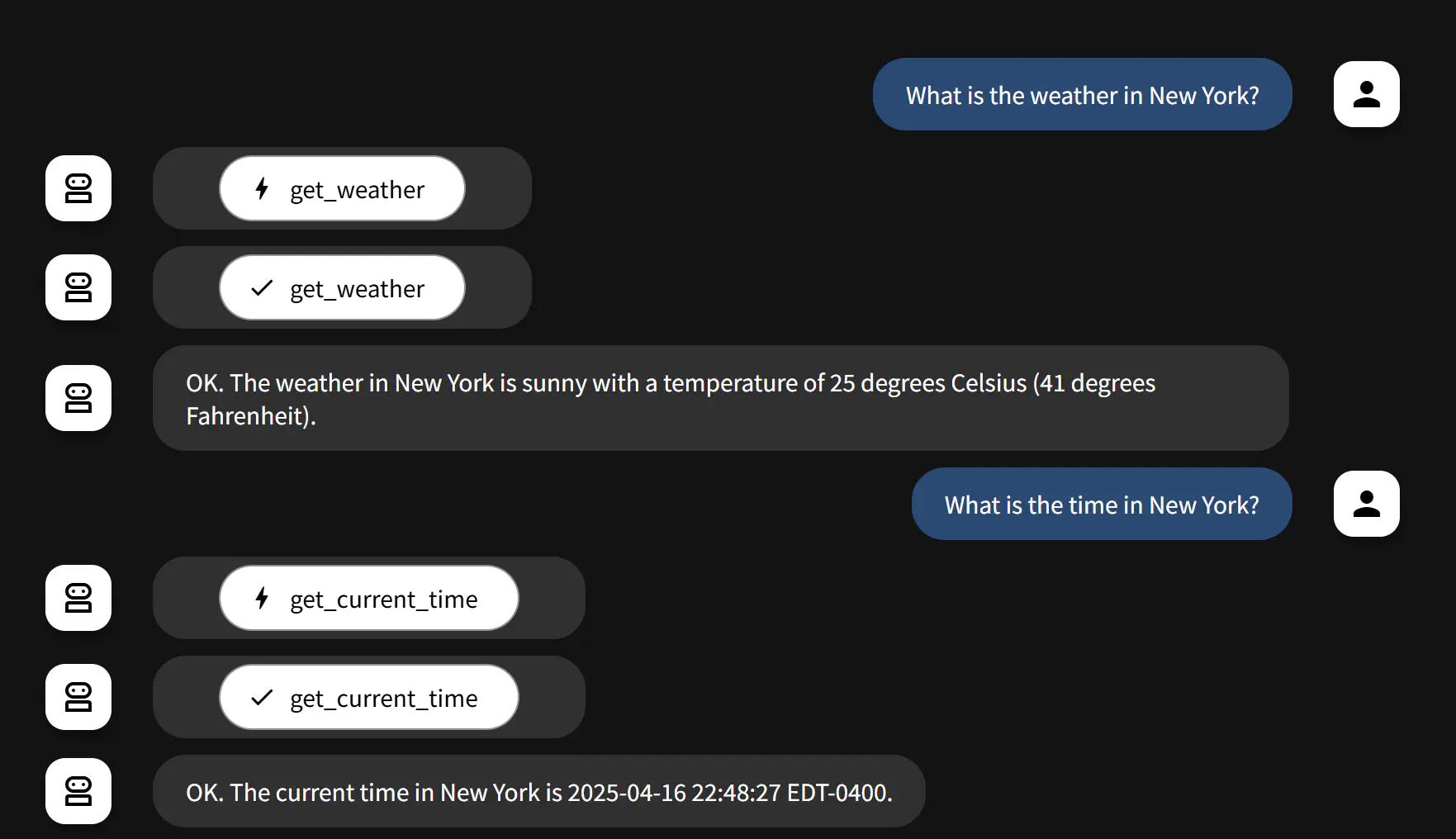 New Yorkの天気と時間を聞いた結果