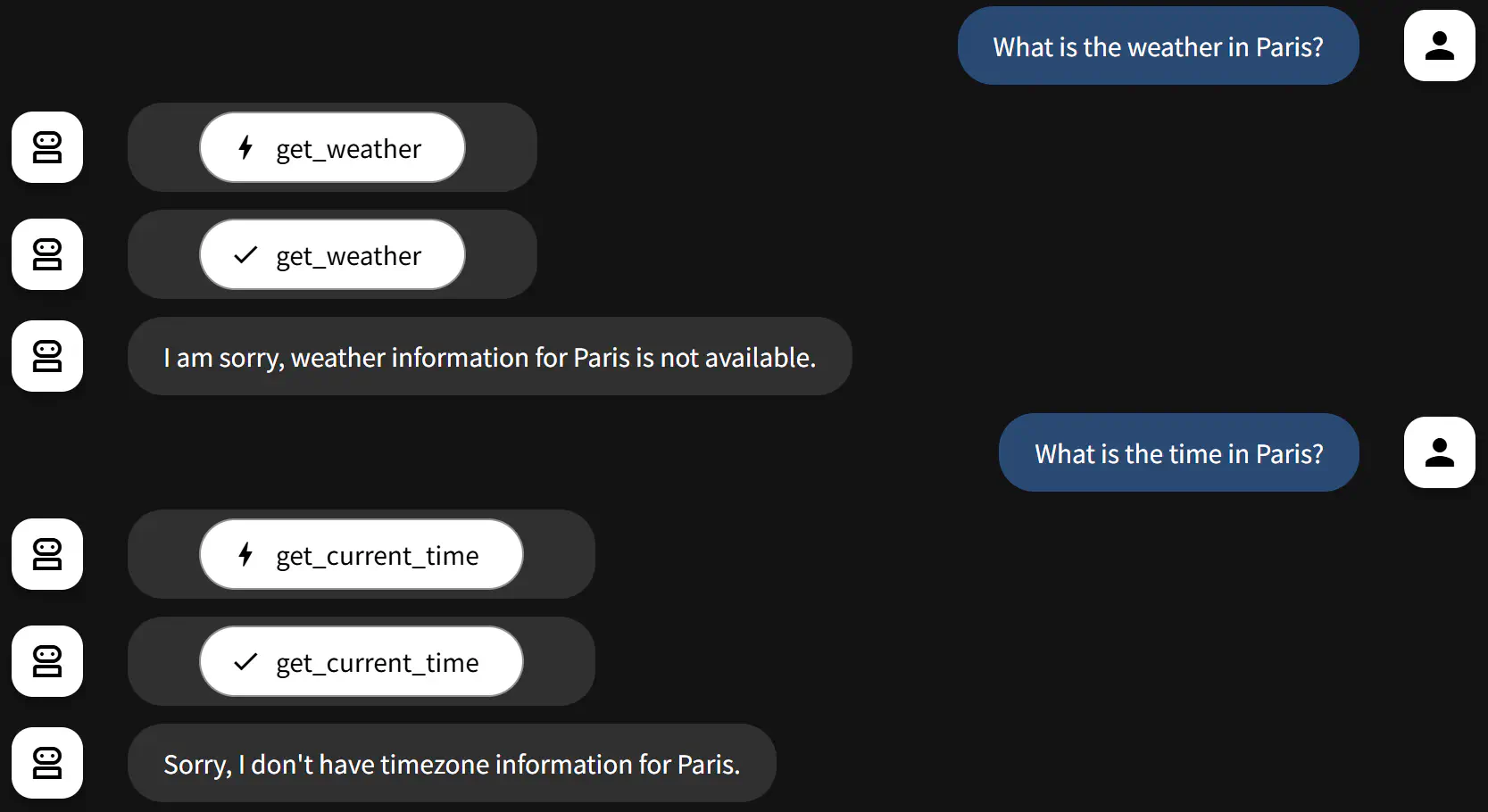 Parisの天気と時間を聞いた結果
